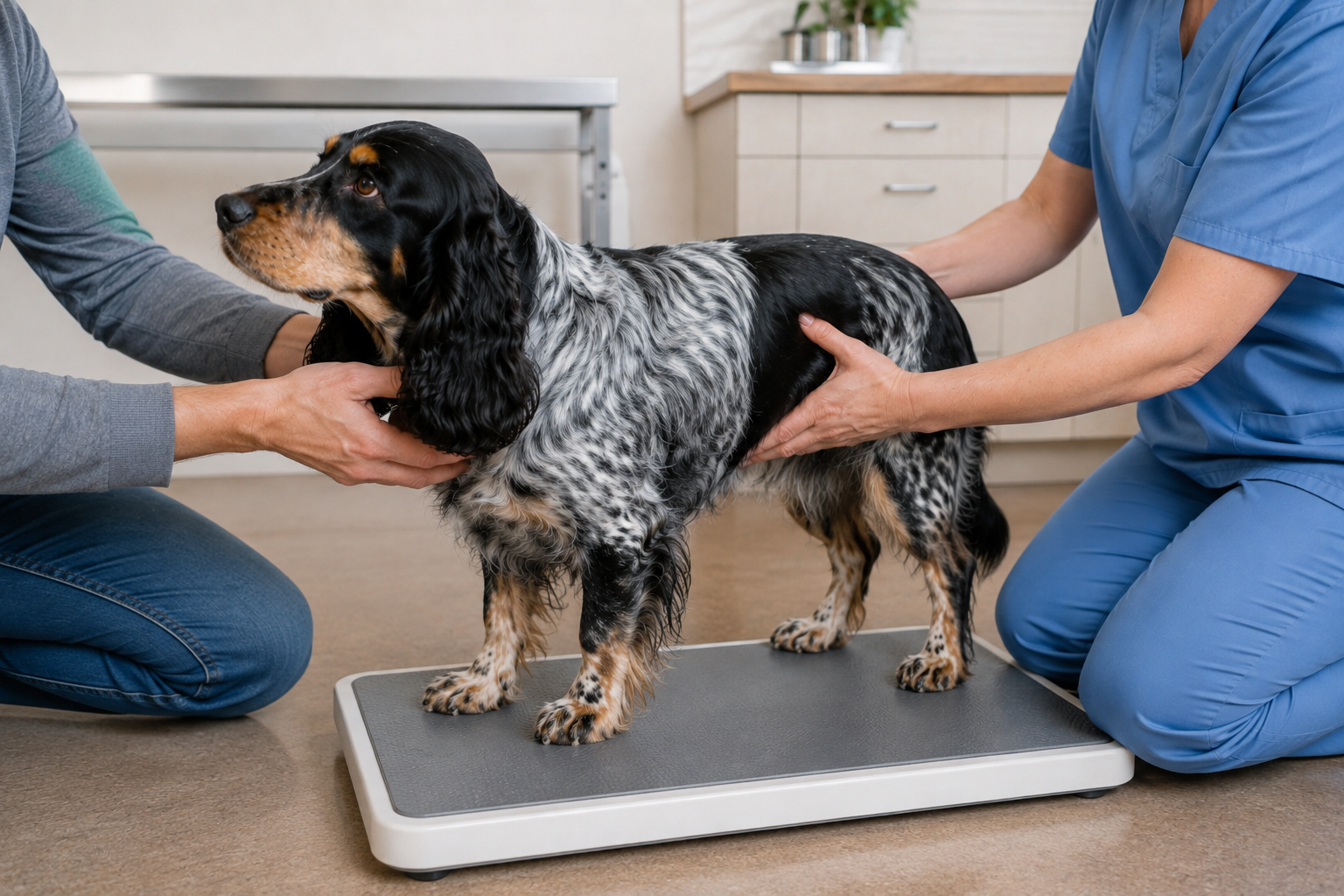 Veterinář kontroluje hmotnost a tělesnou kondici léčeného psa